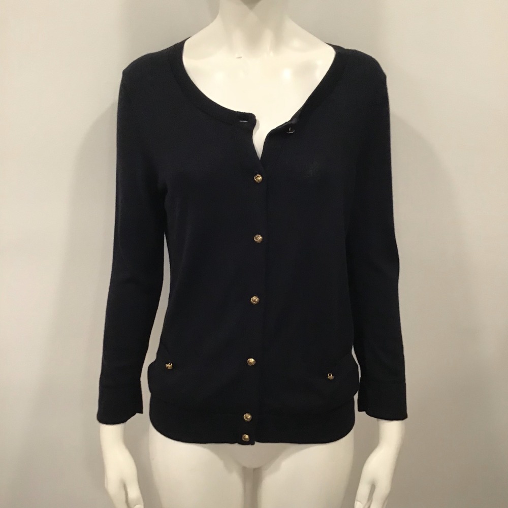 Talbots Cardigan Button down Sweater Women Small Black Gold Knot Button Front